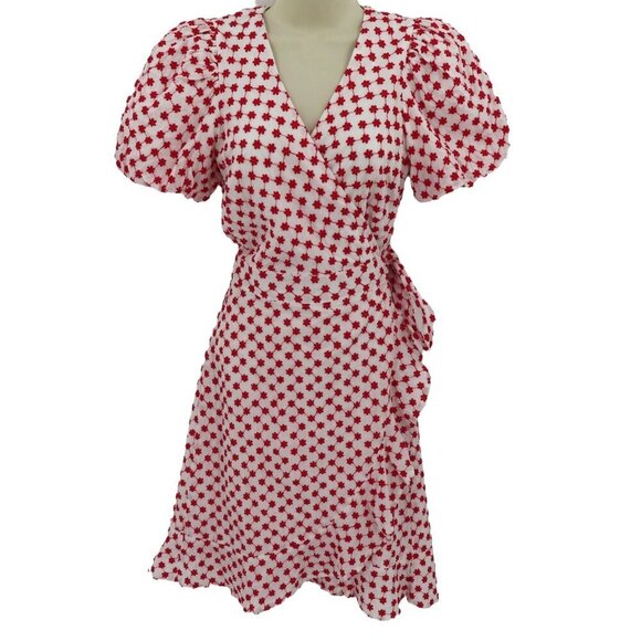 Draper James Dresses & Skirts - Draper James Womens Small Puff Sleeve Wrap Dress Red Embroidered Flowers NEW